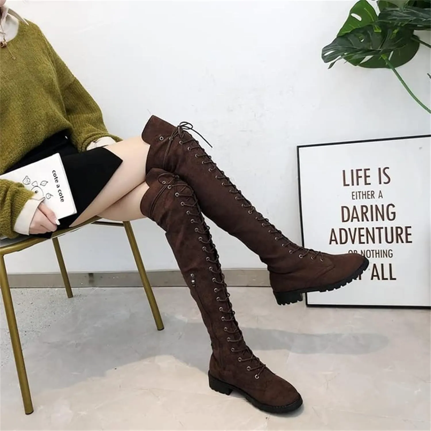 SACFOF Women's Over The Knee Low Heel Lace Up Tall Boots Thigh High Combat Casual Faux Suede Thigh High Riding Boots