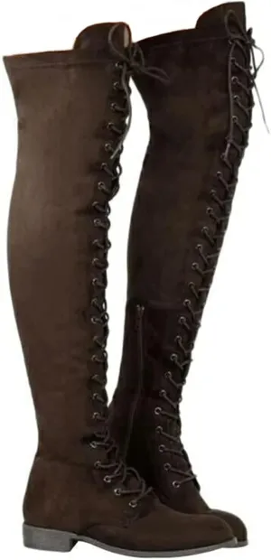 SACFOF Women's Over The Knee Low Heel Lace Up Tall Boots Thigh High Combat Casual Faux Suede Thigh High Riding Boots