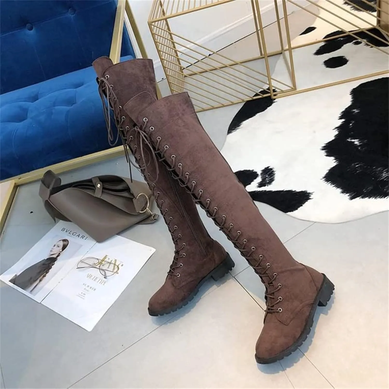 SACFOF Women's Over The Knee Low Heel Lace Up Tall Boots Thigh High Combat Casual Faux Suede Thigh High Riding Boots
