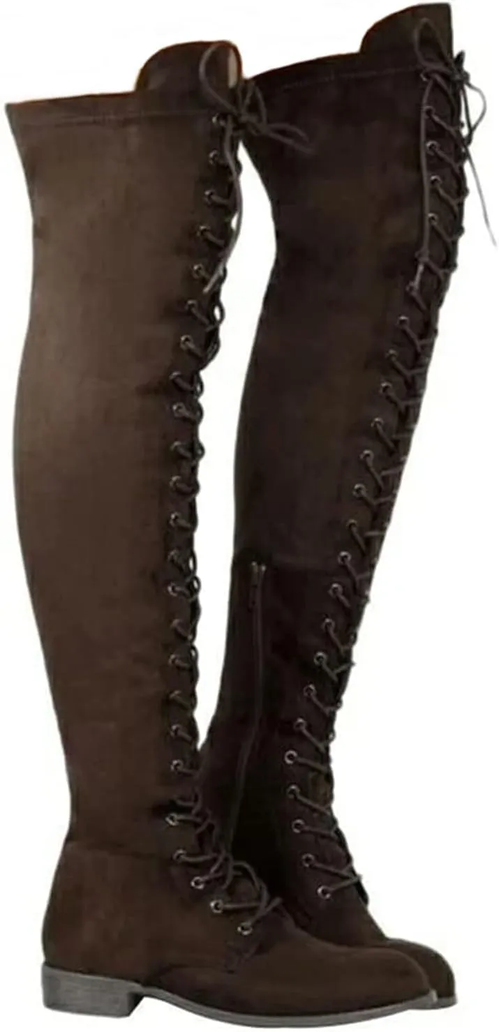 SACFOF Women's Over The Knee Low Heel Lace Up Tall Boots Thigh High Combat Casual Faux Suede Thigh High Riding Boots
