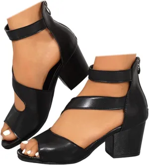 SACFOF Women's Peep Toe Chunky Heel Sandals Summer Side Cutout Ankle Strap Buckle Booties Outdoor Wedding Dress Sandals