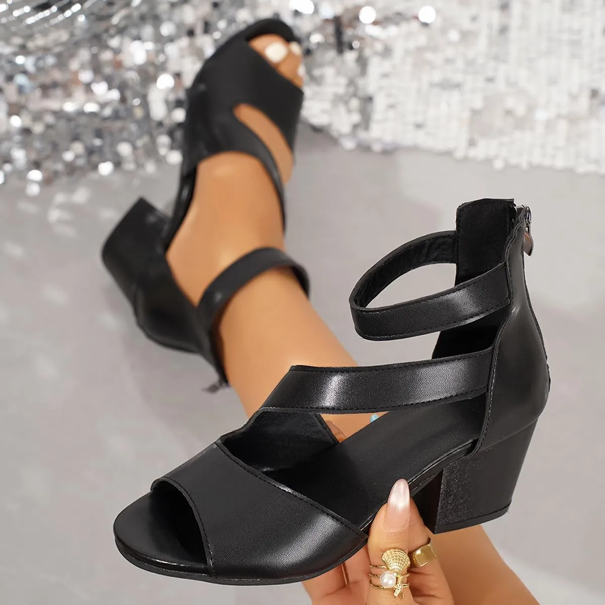 SACFOF Women's Peep Toe Chunky Heel Sandals Summer Side Cutout Ankle Strap Buckle Booties Outdoor Wedding Dress Sandals