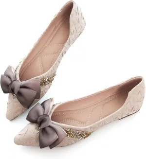 SAILING LU Pointed Toe Flats Shoes Bow Ballet Flats for Women Crystals Wedding Dress Shoes Comfort Light Weight Loafers Apricot Size 9