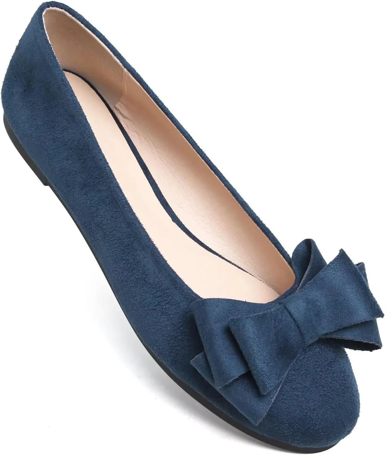 SAILING LU Women's Round Toe Ballerina Shoes Cute Bow Flats Comfortable Soft Suede Slip-ons Solid Color Office Lady Walking Loafers