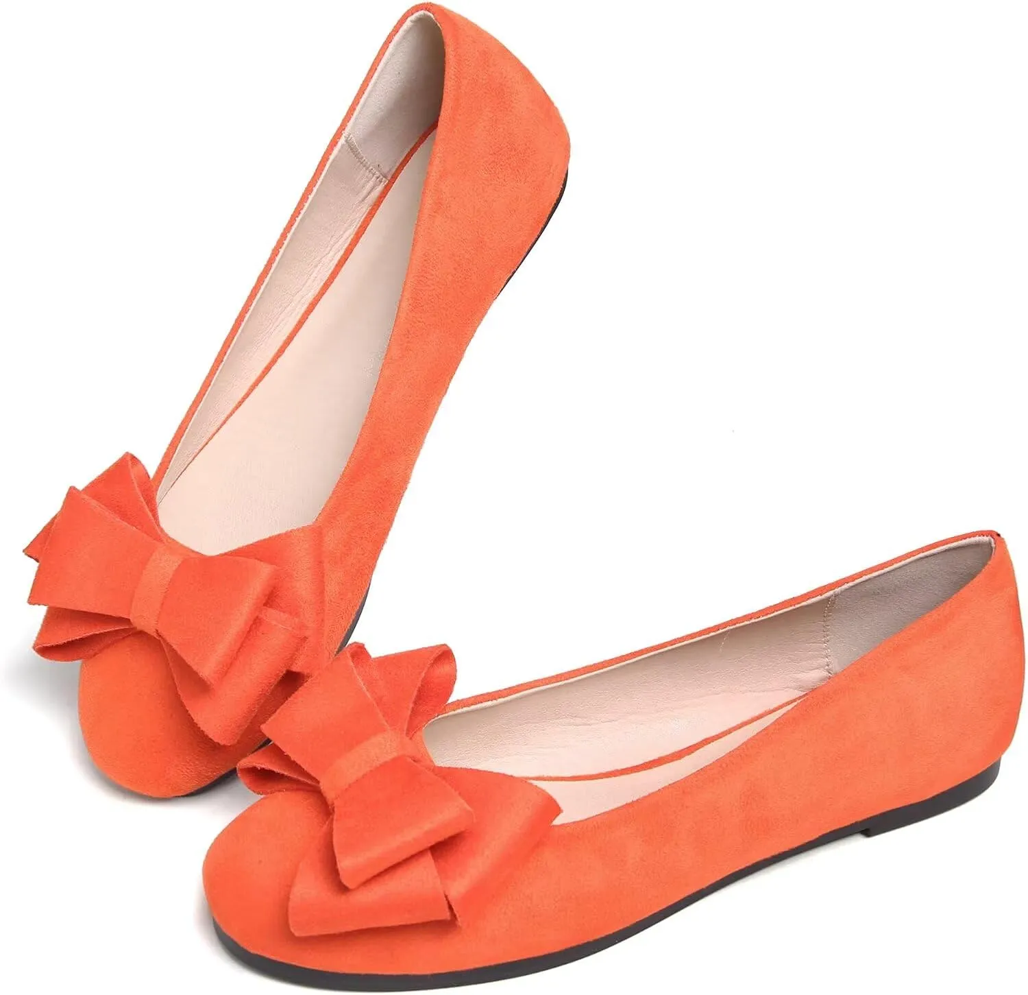 SAILING LU Women's Round Toe Ballerina Shoes Cute Bow Flats Comfortable Soft Suede Slip-ons Solid Color Office Lady Walking Loafers