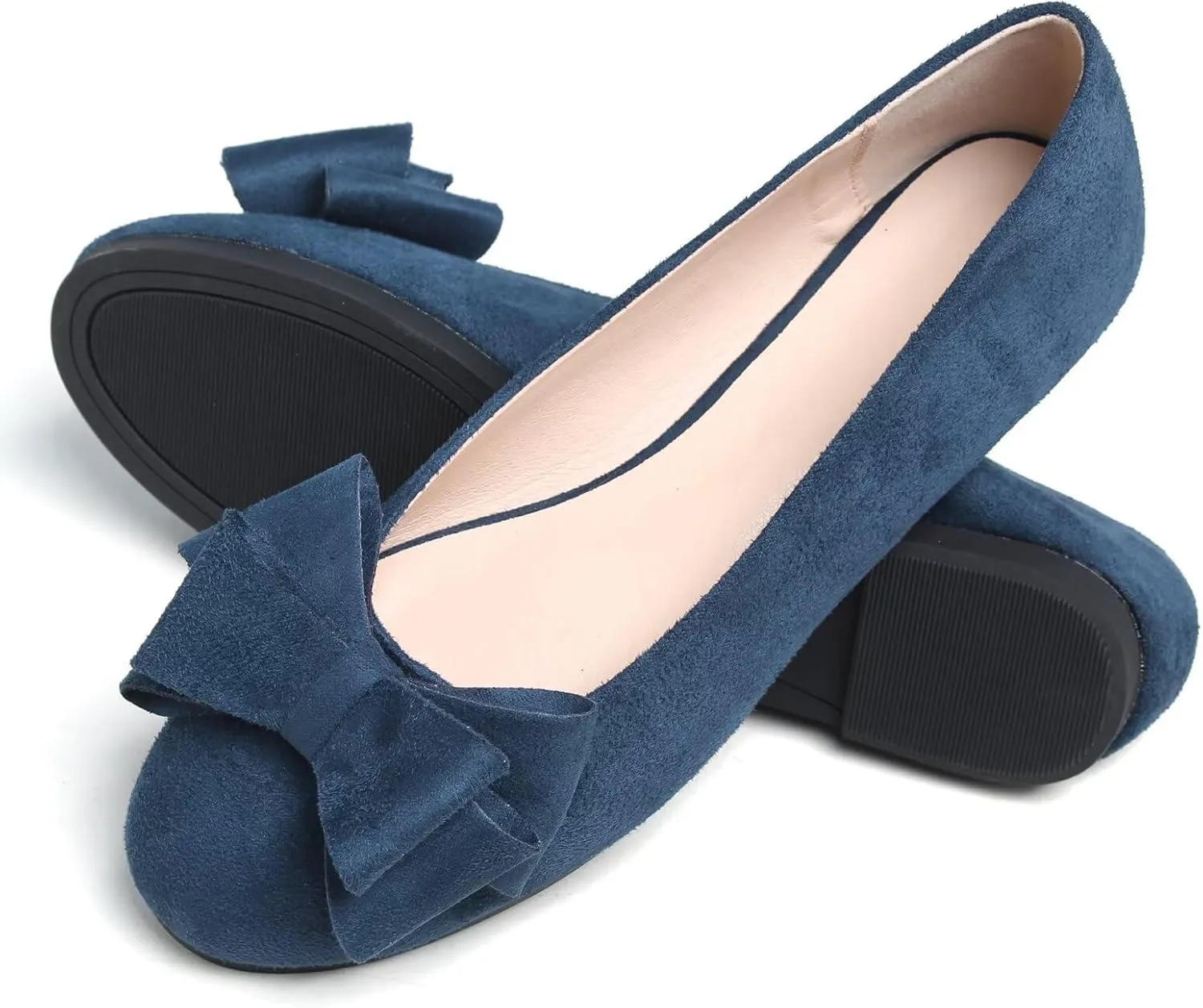 SAILING LU Women's Round Toe Ballerina Shoes Cute Bow Flats Comfortable Soft Suede Slip-ons Solid Color Office Lady Walking Loafers