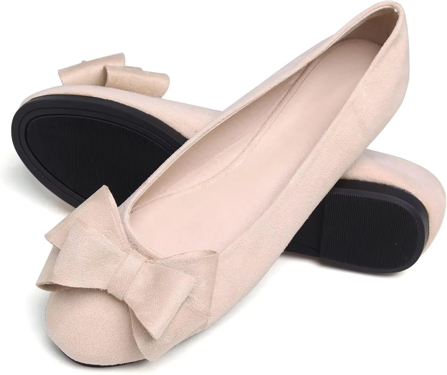 SAILING LU Women's Round Toe Ballerina Shoes Cute Bow Flats Comfortable Soft Suede Slip-ons Solid Color Office Lady Walking Loafers
