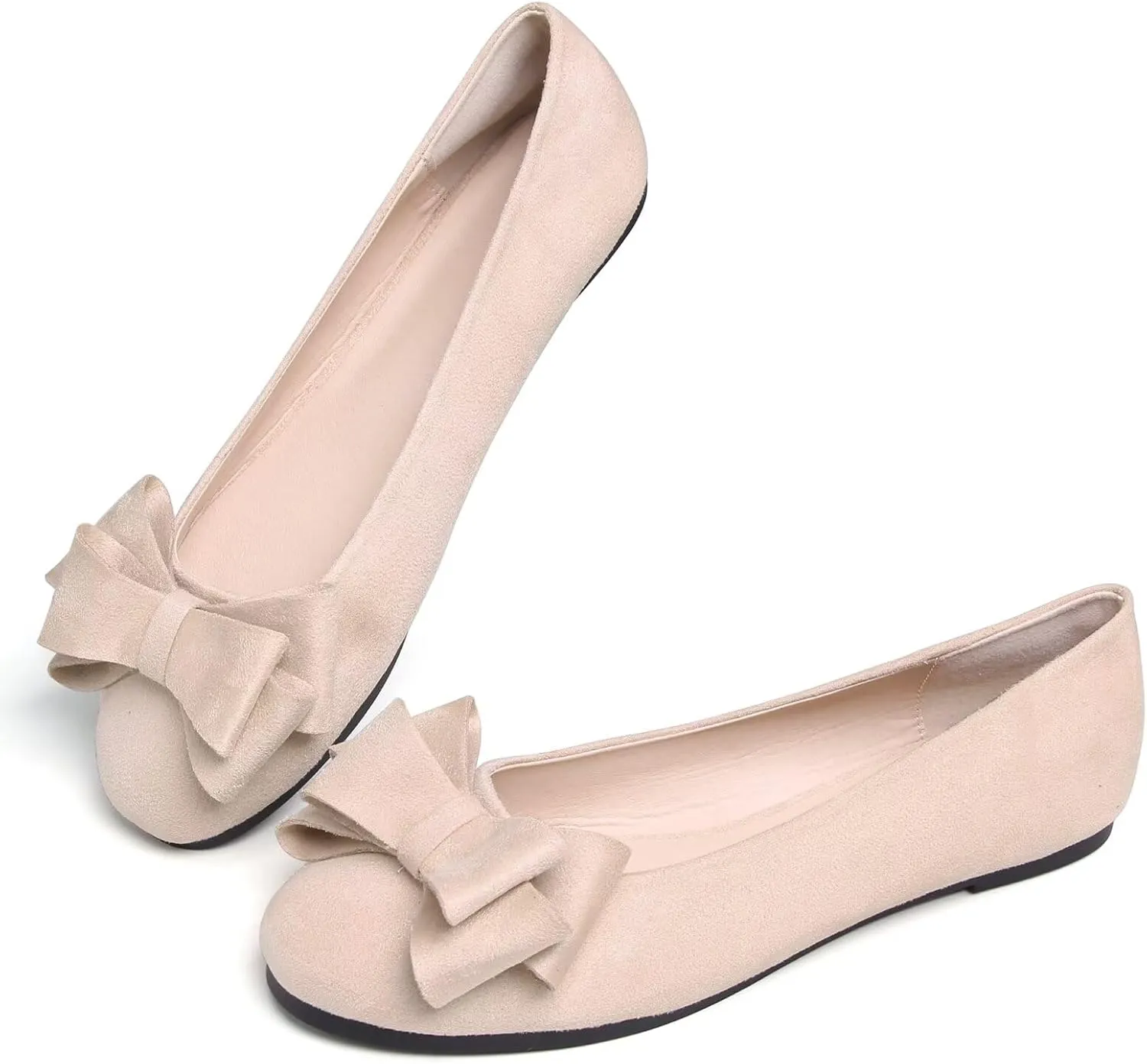 SAILING LU Women's Round Toe Ballerina Shoes Cute Bow Flats Comfortable Soft Suede Slip-ons Solid Color Office Lady Walking Loafers