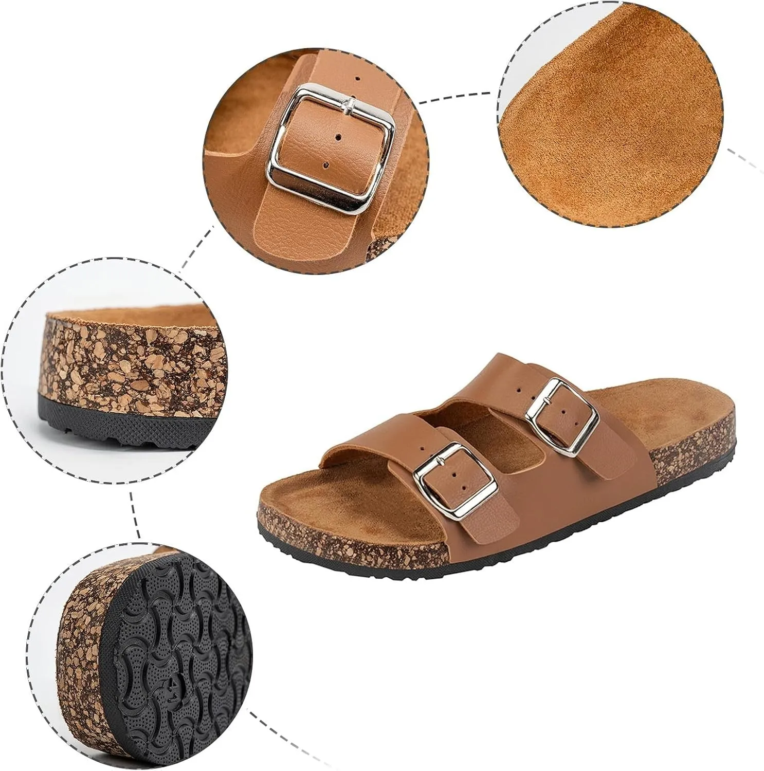 Sandals for Women Cork Platform Slide Sandals Adjustable Double Strap Summer Comfortable Casual Beach Shoes with Arch Support,Slip On Flat Sandal Cushion & Thick Soles Memory Foam Insole Shoe