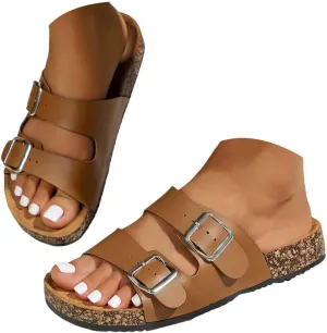 Sandals for Women Cork Platform Slide Sandals Adjustable Double Strap Summer Comfortable Casual Beach Shoes with Arch Support,Slip On Flat Sandal Cushion & Thick Soles Memory Foam Insole Shoe