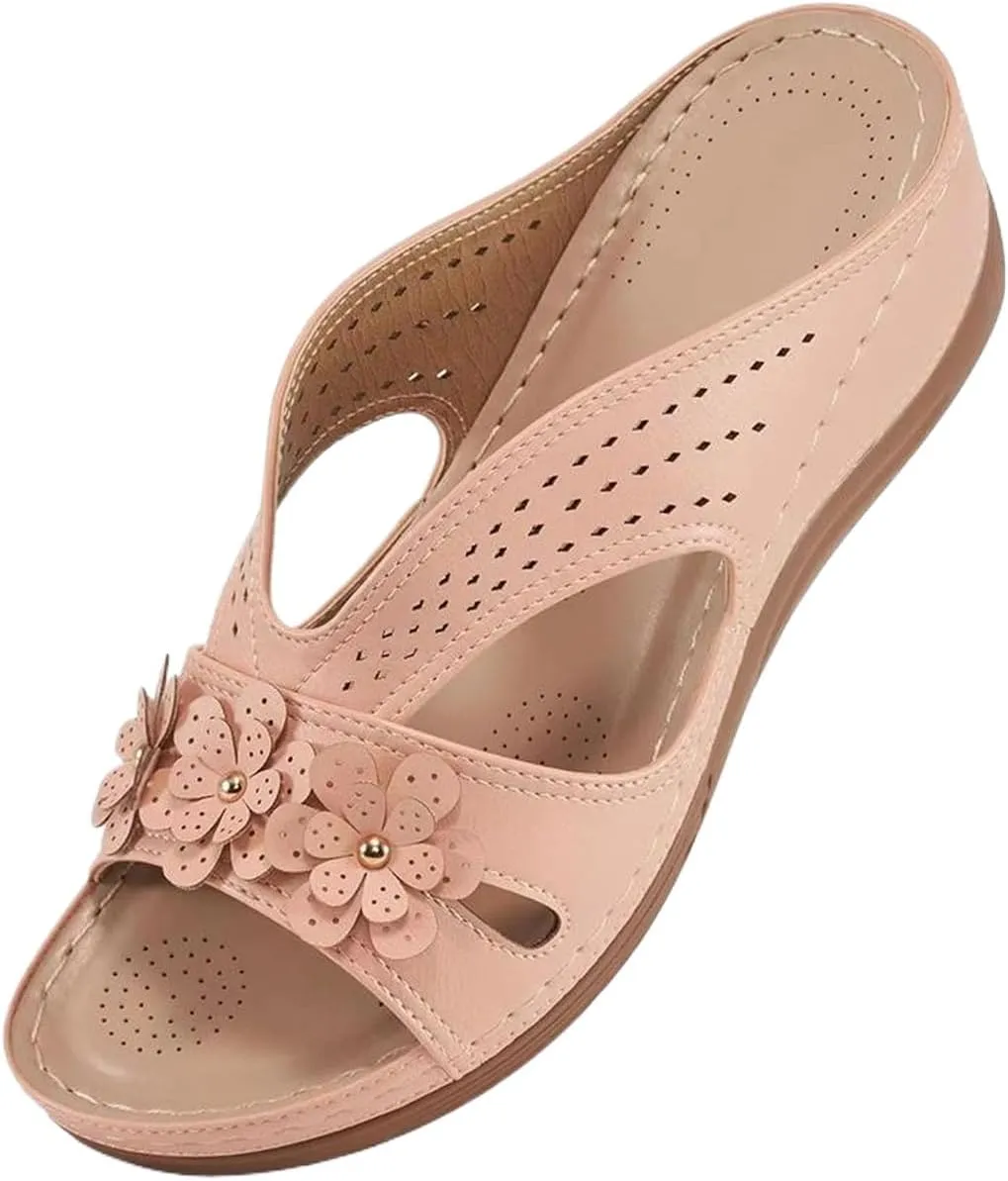 Sandals for Women Wedge Shoes Slip On Dressy Summer Comfortable Slides Arch Support with Flowers Sandal Casual Comfort Lightweight Cross Strap Sandals-Shock Platform Fishmouth Slippers