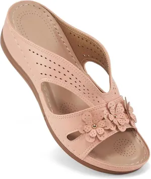 Sandals for Women Wedge Shoes Slip On Dressy Summer Comfortable Slides Arch Support with Flowers Sandal Casual Comfort Lightweight Cross Strap Sandals-Shock Platform Fishmouth Slippers
