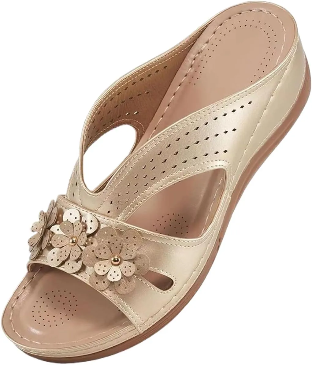Sandals for Women Wedge Shoes Slip On Dressy Summer Comfortable Slides Arch Support with Flowers Sandal Casual Comfort Lightweight Cross Strap Sandals-Shock Platform Fishmouth Slippers