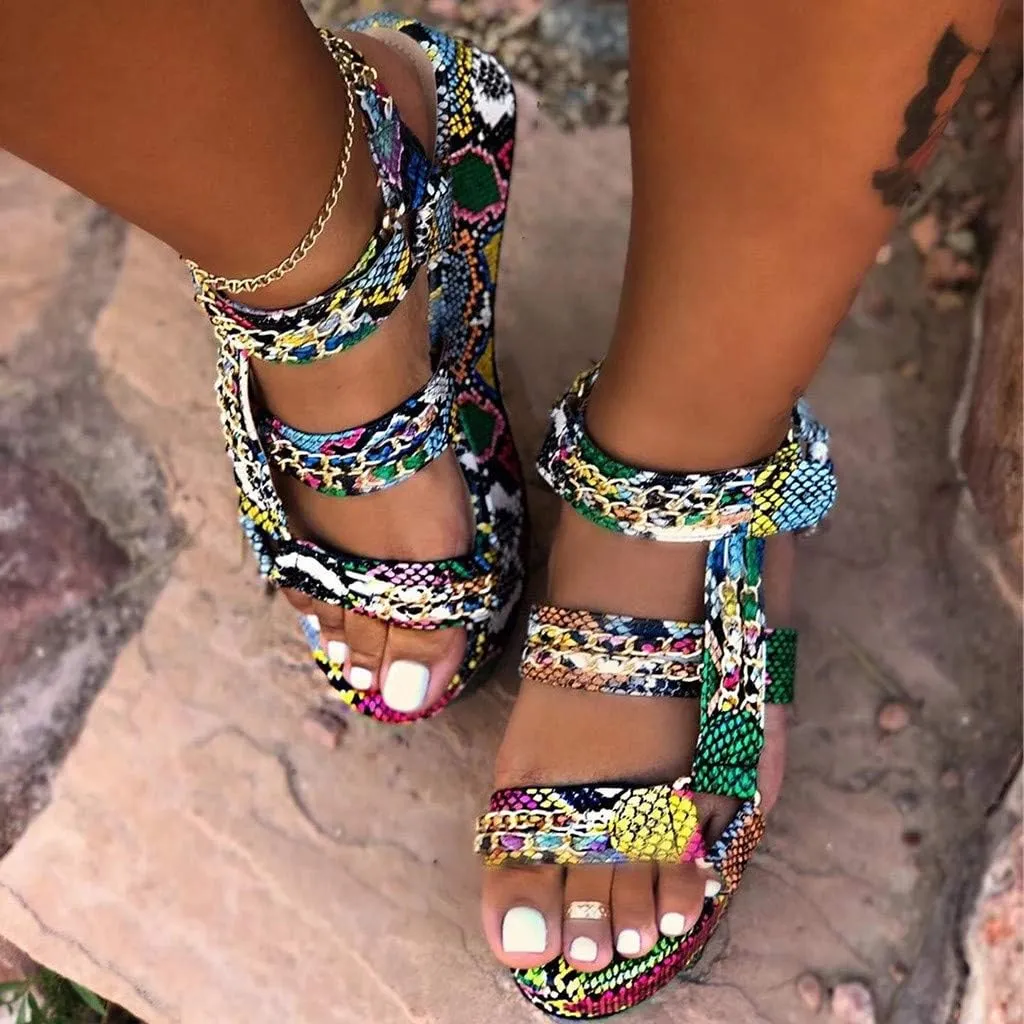 Sandals for Women Wide Width,Open Toe Ankle Strap Wedges Sandal Sexy Snakeskin Flatform Sandals Slingbacks Heeled Sandals