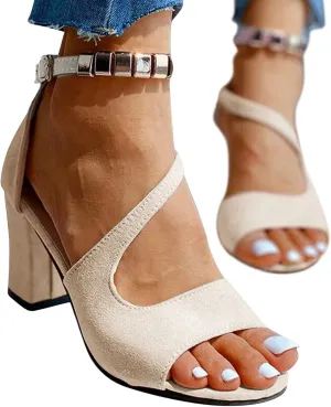 Sandals Women,Buckle Strap Chunky Heel Sandals Beaded Fish Mouth High Heels Ankle Strap Shoes Pumps Boho Sandals
