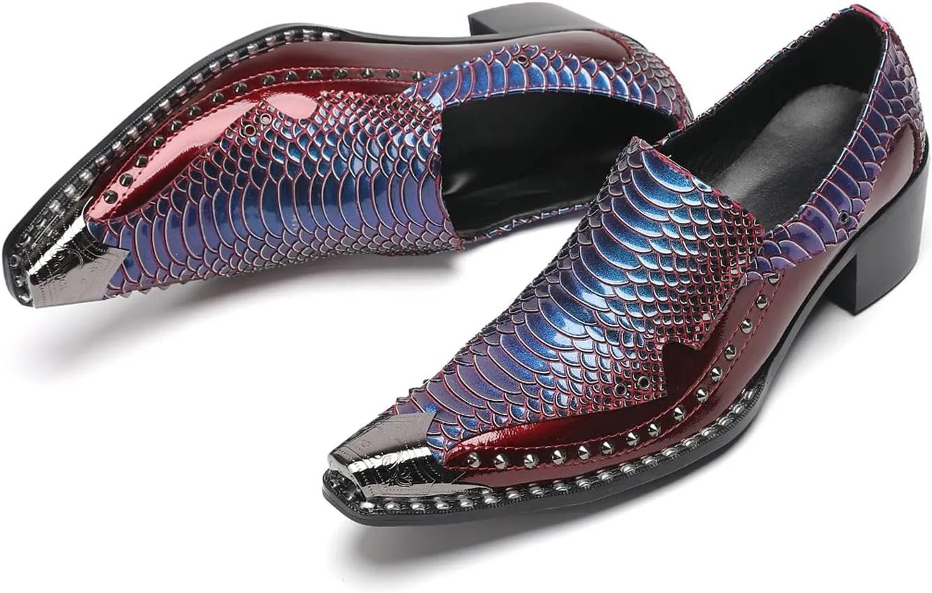 Santimon Men's Slip-On Loafers Leather Dress Shoes - Metal Pointed Toe, Studded Detail, Chunky Heel, Comfortable Snakeskin Western Casual Penny Loafers for Party,Ballroom,Bar Wear