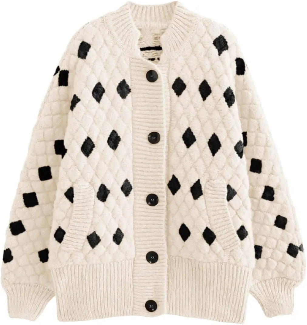 Saodimallsu Womens Chunky Cardigans Button Down Long Sleeve Open Front Plaid Knit Loose Fall Sweater Coats