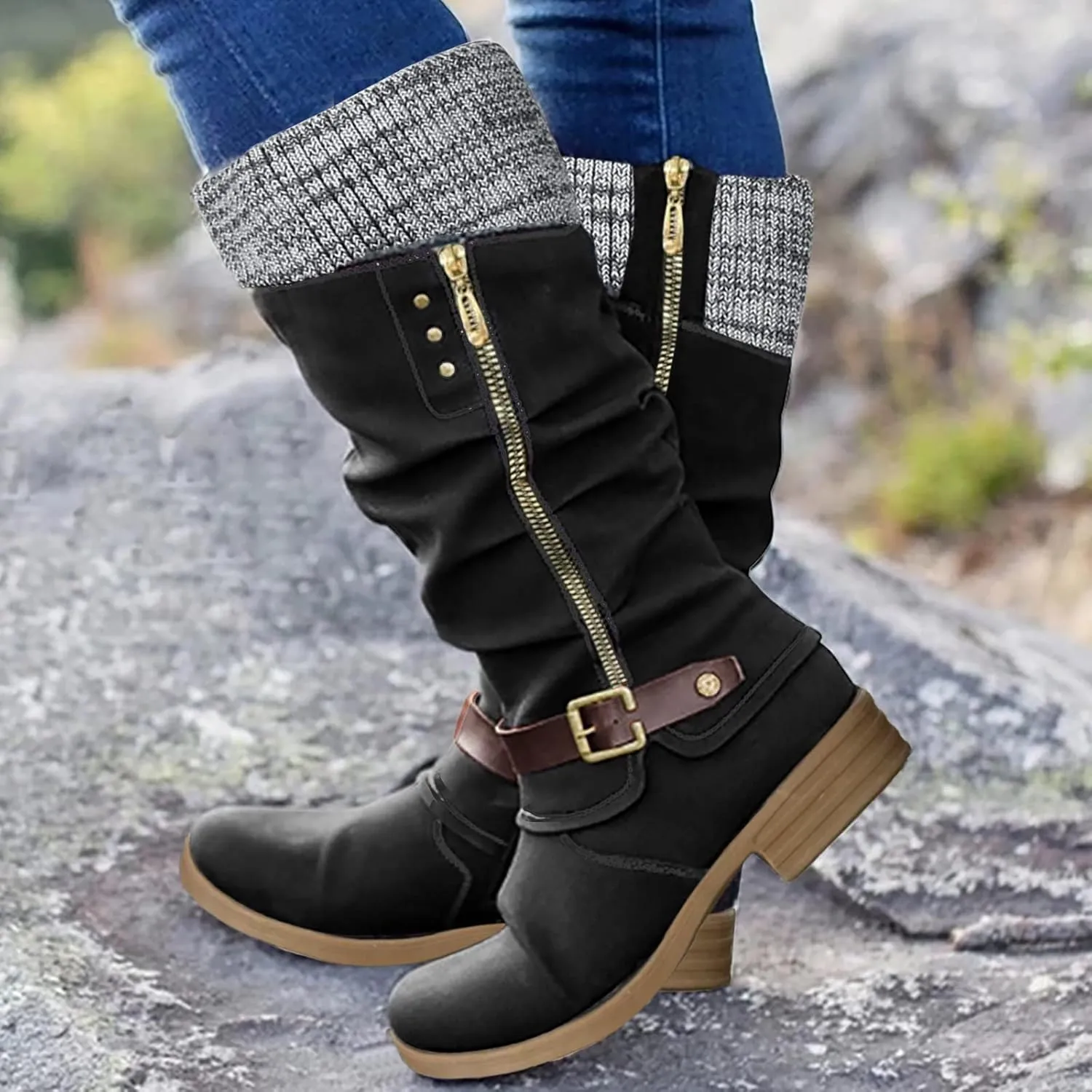 SBGMoSJ Knee High Boots Leather Winter Boots Women Fashionable Leather Fall Boots for Women Mid Calf Womens Boots Soft Leather Mid Calf Wide Calf Wide Calf Cowboy Boots Women Square Toe Tall