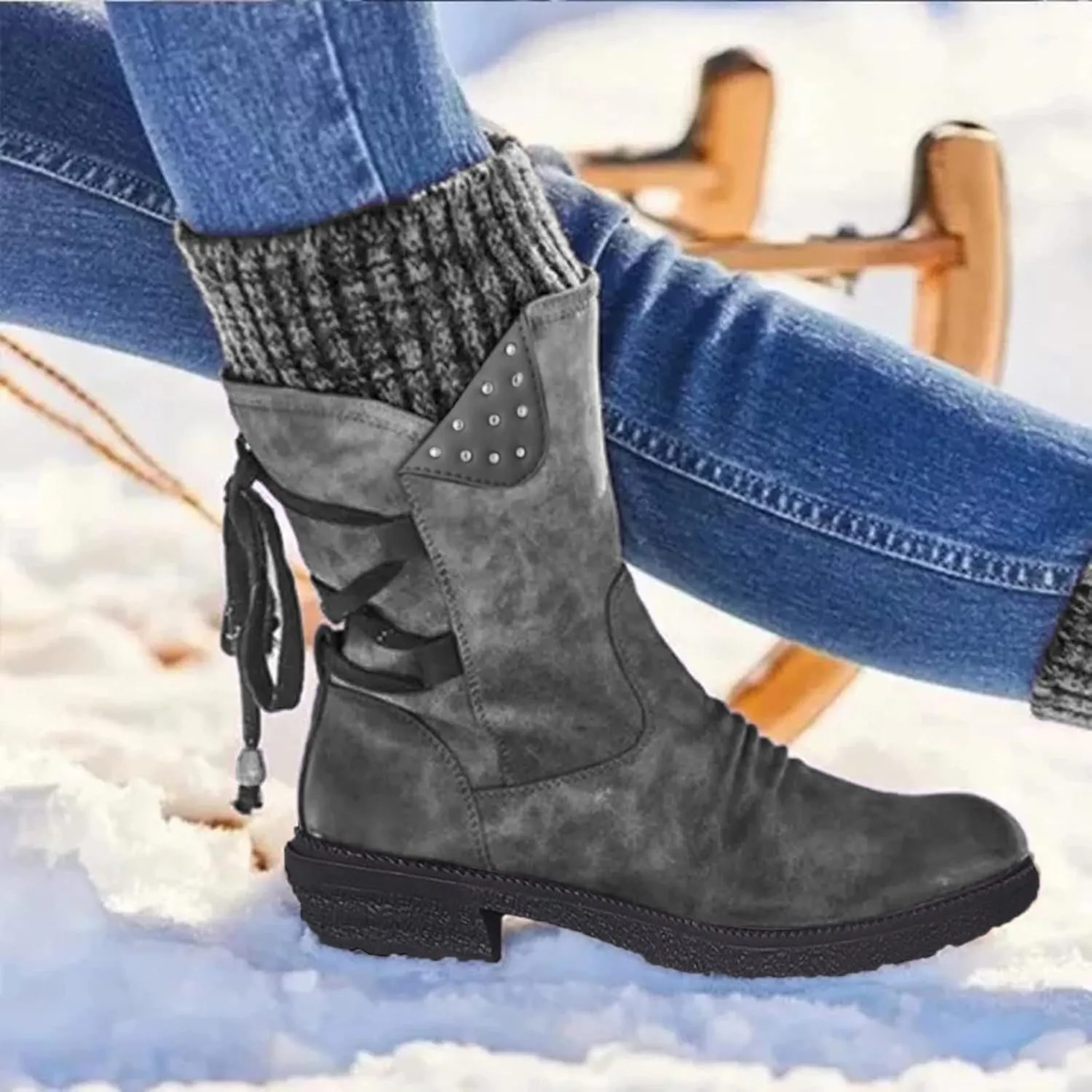 SBGMoSJ Knee High Boots Leather Winter Boots Women Fashionable Leather Fall Boots for Women Mid Calf Womens Boots Soft Leather Mid Calf Wide Calf Wide Calf Cowboy Boots Women Square Toe Tall