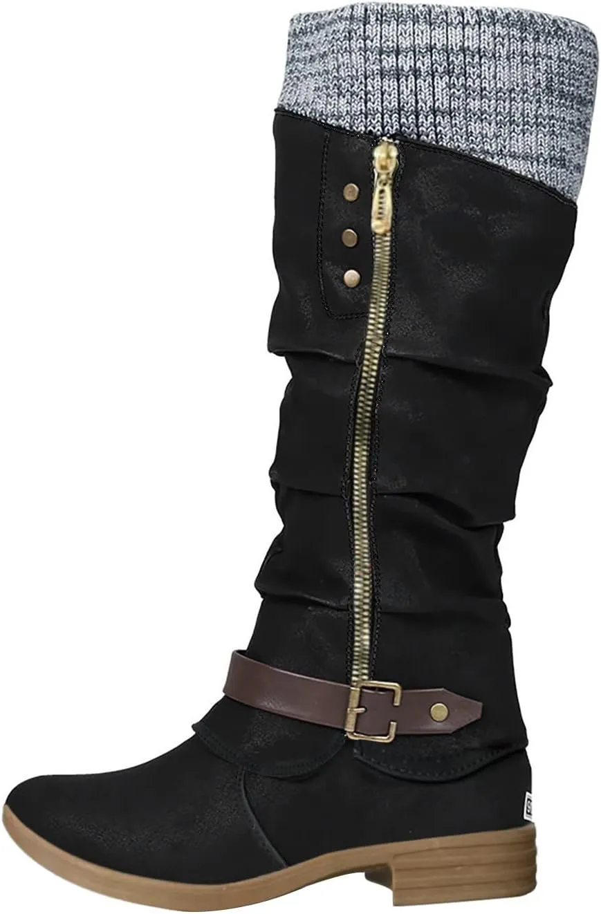 SBGMoSJ Knee High Boots Leather Winter Boots Women Fashionable Leather Fall Boots for Women Mid Calf Womens Boots Soft Leather Mid Calf Wide Calf Wide Calf Cowboy Boots Women Square Toe Tall