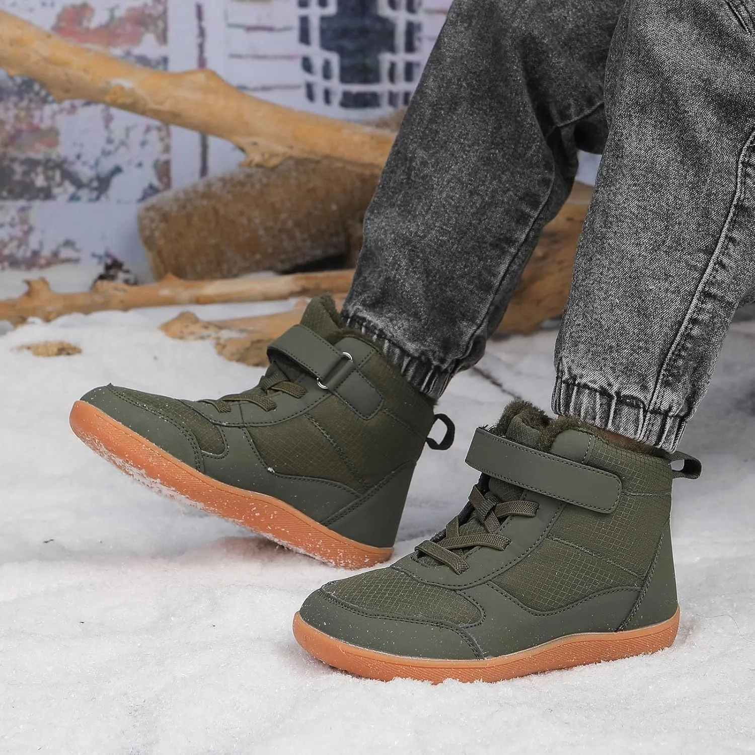 SECHRITE Toddler Kids Wide Barefoot Winter Boots High Top Girls Boys Warm Snow Boots Waterproof Non-Slip Minimalist Boots| Natural Growth