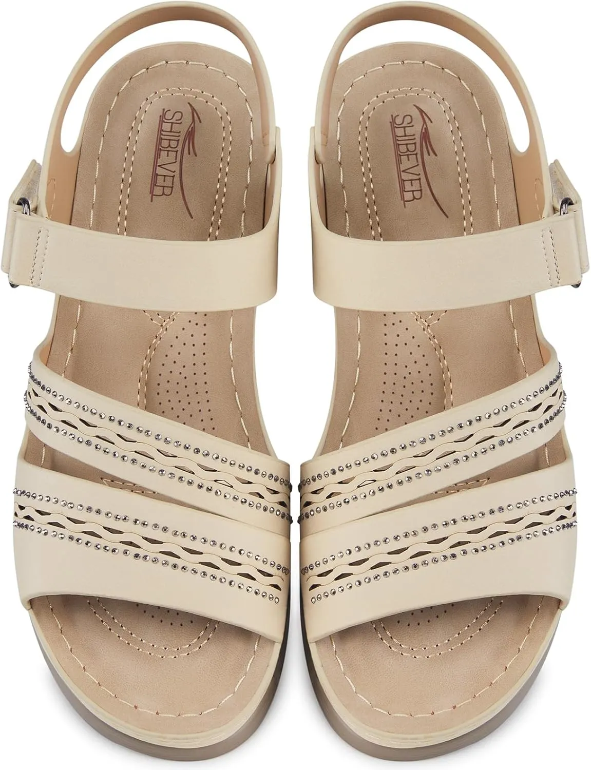 SHIBEVER Wedge Sandals for Women Dressy: Summer Walking Sandals Woman Comfortable - Casual Open Toe Rhinestone Low Wedge Shoes with Ankle Strap