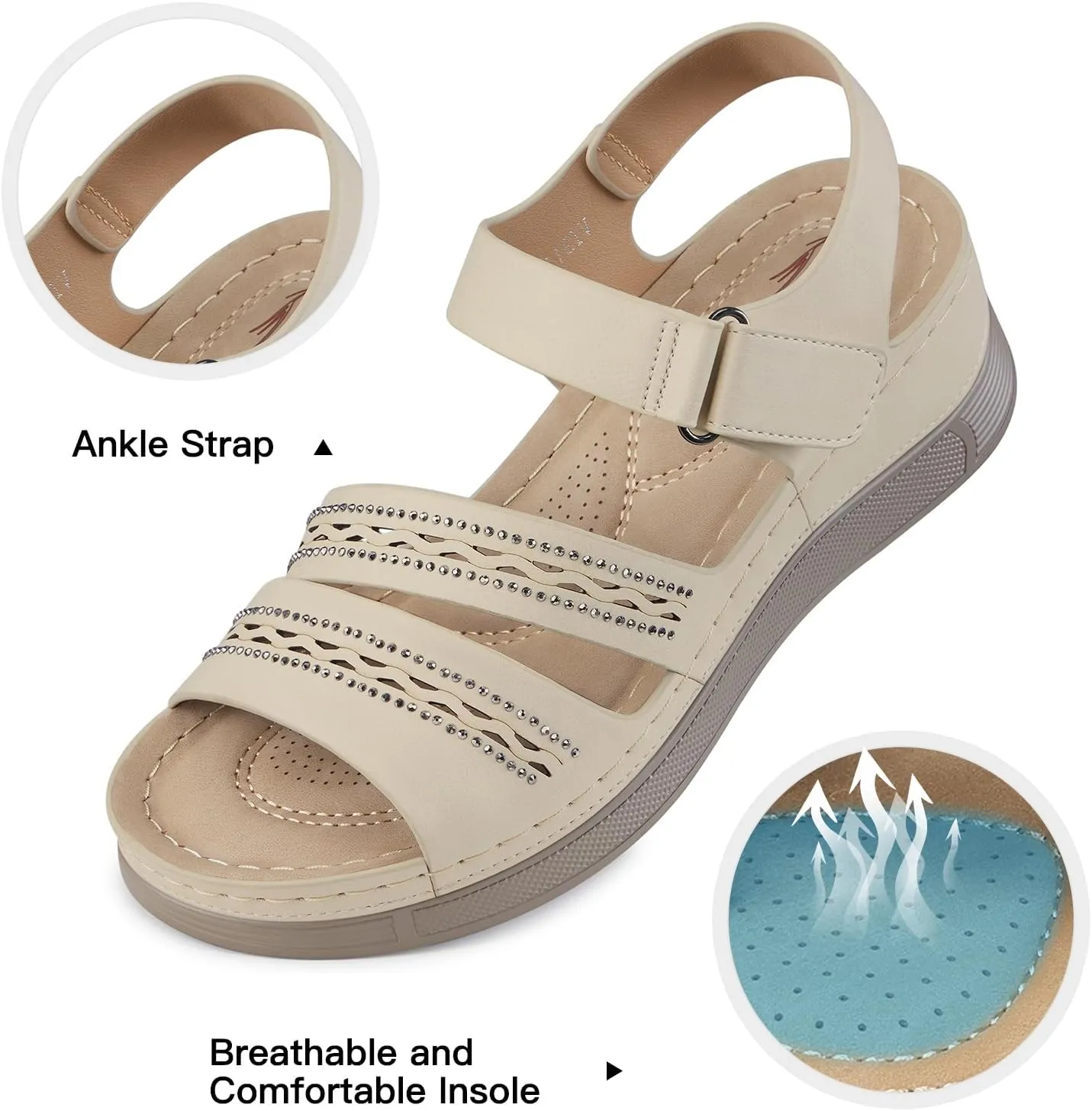 SHIBEVER Wedge Sandals for Women Dressy: Summer Walking Sandals Woman Comfortable - Casual Open Toe Rhinestone Low Wedge Shoes with Ankle Strap