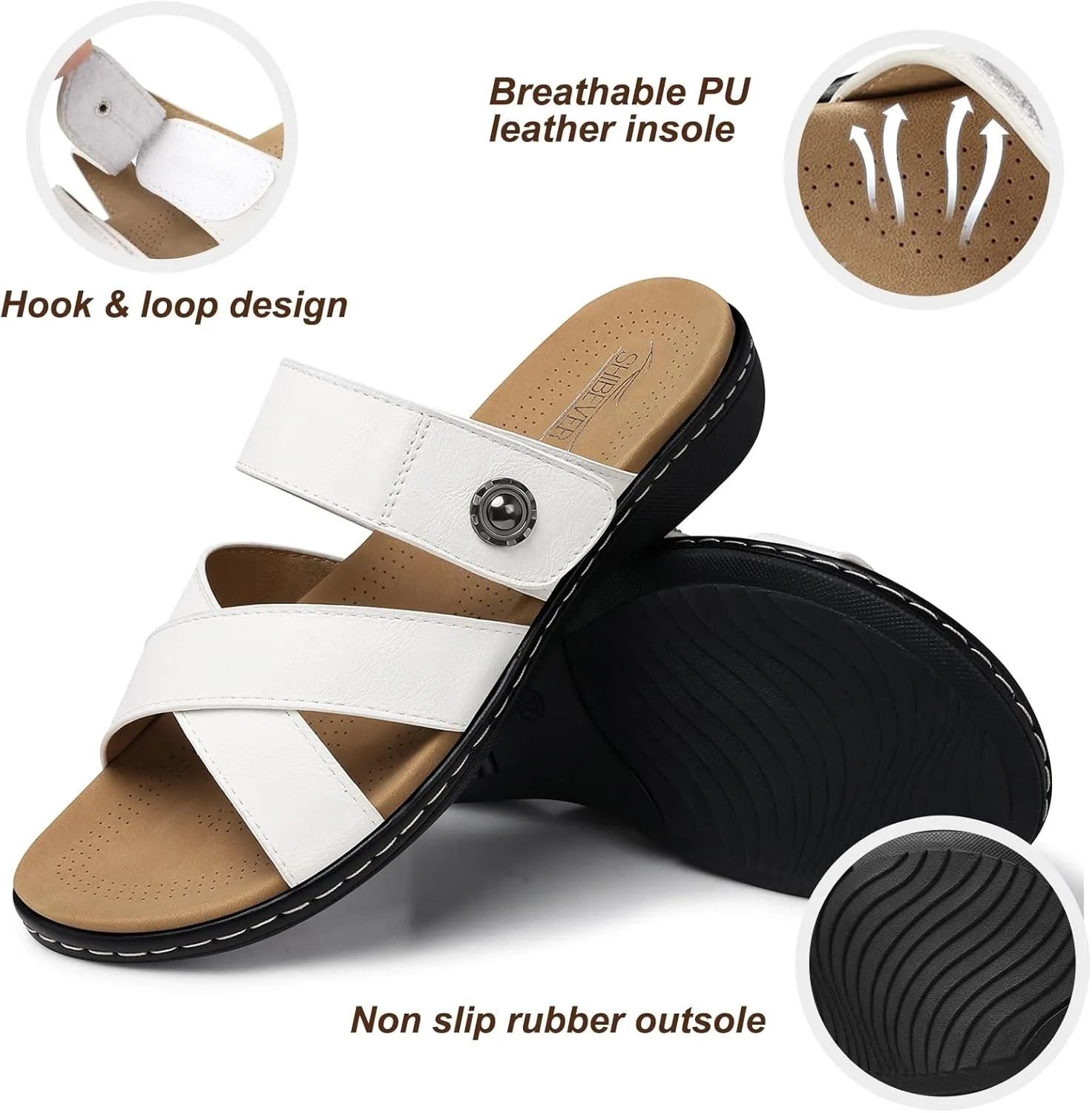 SHIBEVER Women Slides Summer Sandals: Arch Support, Comfort Walking, Adjustable Strap, Open Toe Flat Sandals Size 5-11