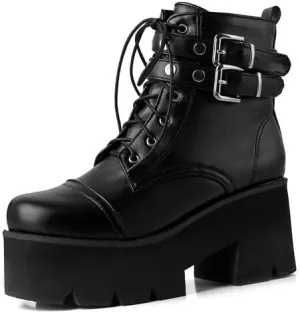 Shinelly Women's Goth Punk Platform Boots Chunky High Heel Ankle Boots Lace Up Round Toe Studded Motorcycle Combat Rave Buckle Booties with Chain Zipper