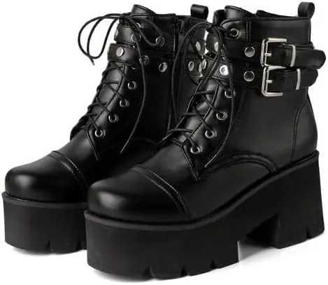 Shinelly Women's Goth Punk Platform Boots Chunky High Heel Ankle Boots Lace Up Round Toe Studded Motorcycle Combat Rave Buckle Booties with Chain Zipper