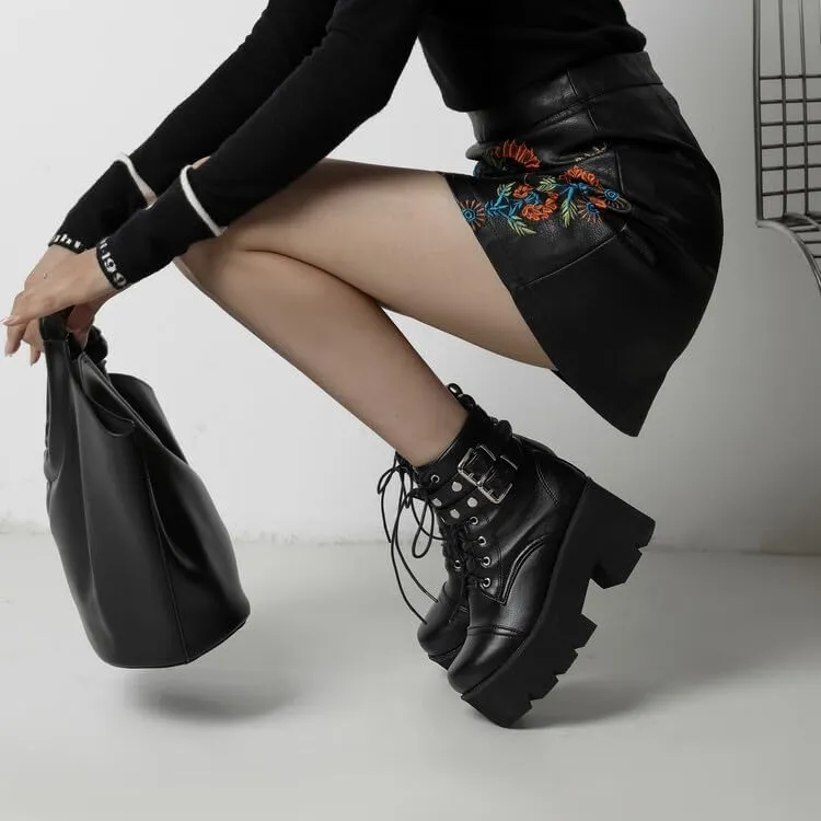 Shinelly Women's Goth Punk Platform Boots Chunky High Heel Ankle Boots Lace Up Round Toe Studded Motorcycle Combat Rave Buckle Booties with Chain Zipper