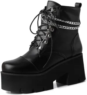 Shinelly Women's Goth Punk Platform Boots Chunky High Heel Ankle Boots Lace Up Round Toe Studded Motorcycle Combat Rave Buckle Booties with Chain Zipper