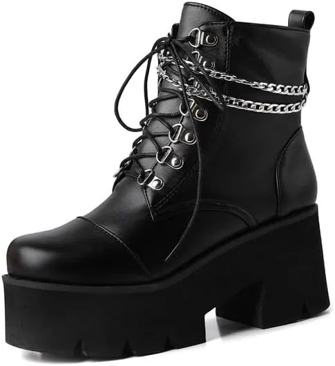 Shinelly Women's Goth Punk Platform Boots Chunky High Heel Ankle Boots Lace Up Round Toe Studded Motorcycle Combat Rave Buckle Booties with Chain Zipper