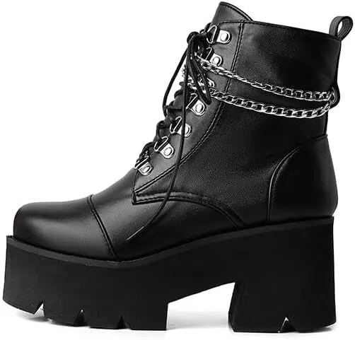 Shinelly Women's Goth Punk Platform Boots Chunky High Heel Ankle Boots Lace Up Round Toe Studded Motorcycle Combat Rave Buckle Booties with Chain Zipper