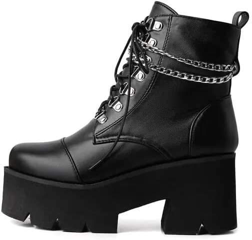 Shinelly Women's Goth Punk Platform Boots Chunky High Heel Ankle Boots Lace Up Round Toe Studded Motorcycle Combat Rave Buckle Booties with Chain Zipper