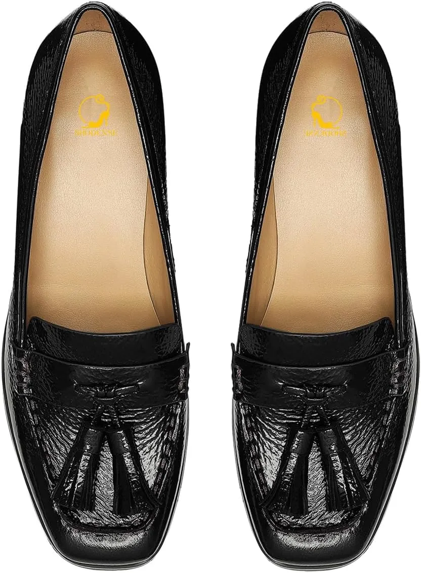 SHODENSE Women Chunky Block Heel Fringe Loafers Shoes Square Closed Toe Slip On Tassel Penny Loafer Pumps Patent Leather Mid Thick Heels Oxford Loafers Shoes Dressy Office Work Formal Fall 4-11 M US