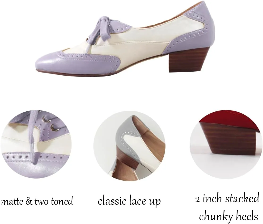 SHODENSE Women Chunky Heel Oxford Loafers Round Toe Lace Up Oxford Pumps Wingtips 2 inch Stacked Block Heel Dress Oxford Shoes Two Tone Retro British Oxford Heels Matte Office Casual 4-11 M US