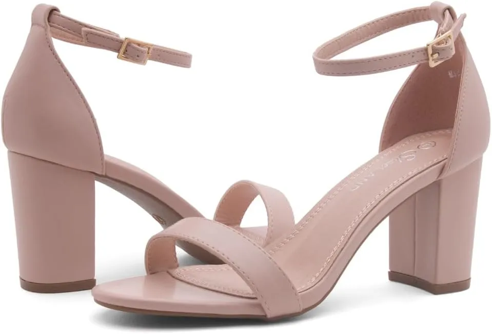 Shoe Land Madeline Women's Low Heels Open Toe Dress Heels with Ankle Strap-Chunky Heeled Sandals, Block Short Heels Pumps Shoes for Wedding Prom and Office