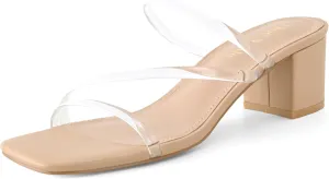 Shoe'N Tale Strappy Heels For Women Low Chunky Block Heel Heeled Sandals Square Open Toe Slip On Slides Mules