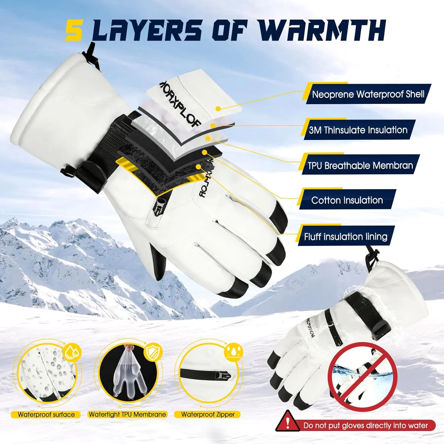 Ski Snow Gloves - 3M Thinsulate Insulated, Warm Winter Snowboard & Snowmobile Gloves for Men & Women - Waterproof & Windproof - Touchscreen Compatible