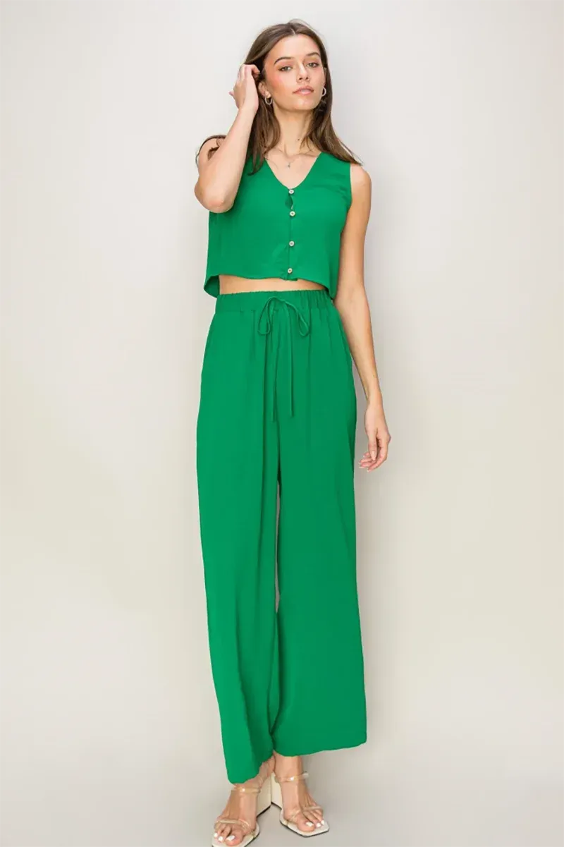 Sleeveless Button Down Crop Top & Drawstring Wide Pants Set