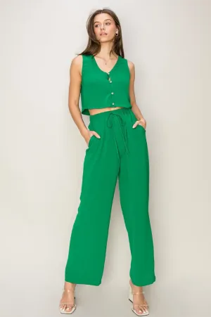 Sleeveless Button Down Crop Top & Drawstring Wide Pants Set