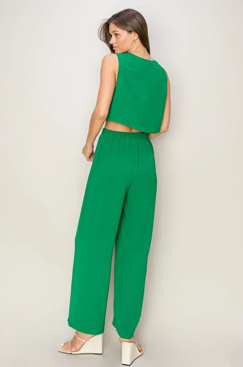 Sleeveless Button Down Crop Top & Drawstring Wide Pants Set