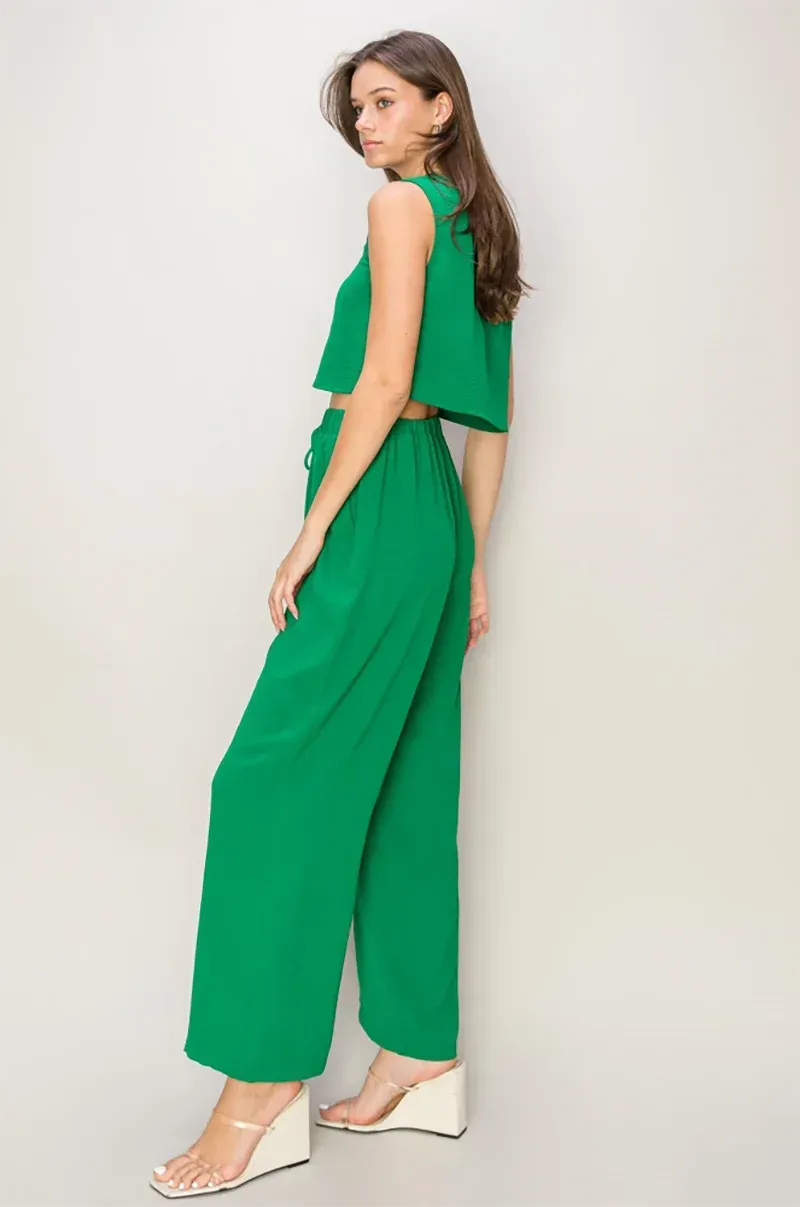 Sleeveless Button Down Crop Top & Drawstring Wide Pants Set