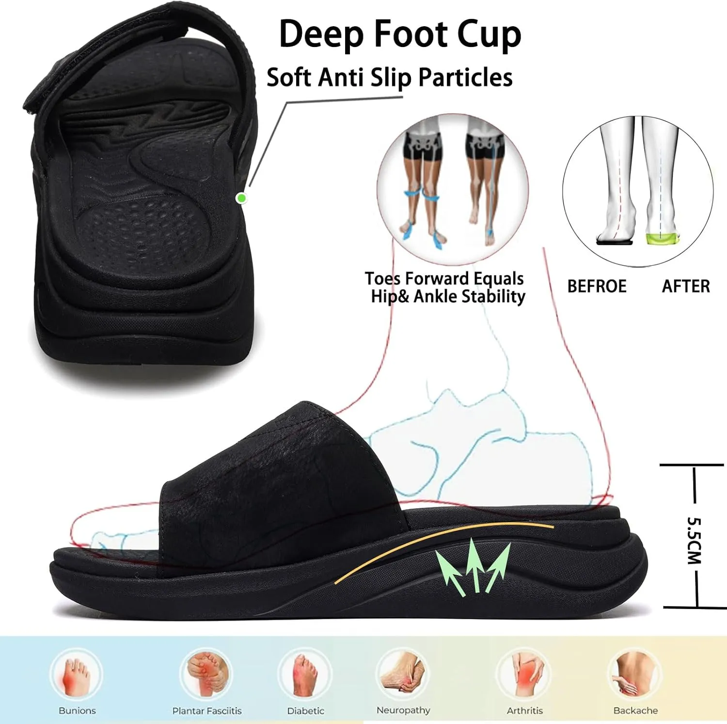 Slide Sandals for Men with Adjustable Width Arch Support Orthotic for Plantar Fasciitis Swollen Feet Pain Relief Neuropathy