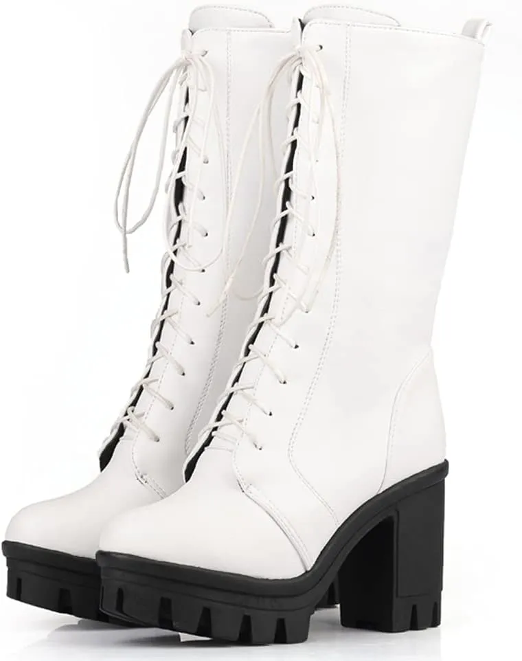 SO SIMPOK Women's Lace Up Punk Chunky Block Heel Platform Boots Mid Calf Boots Party Motorcycle Riding Combat Boots