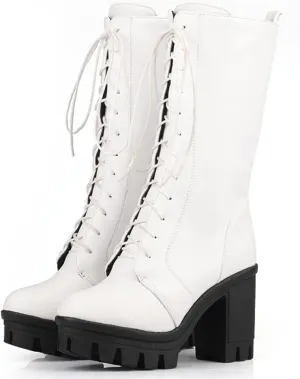 SO SIMPOK Women's Lace Up Punk Chunky Block Heel Platform Boots Mid Calf Boots Party Motorcycle Riding Combat Boots