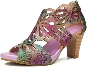 Socofy Women Leather Heeled Sandals Block Heels Roman Sandals Colorful Vintage Bohemian Sandal Chunky Heeled Sandals for Womens Bohemian Cutout Open Toe Summer Block Heeled Party Sandals