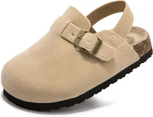 Soft Suede Kids Clogs for Toddlers - Adjustable Buckle Slip-On Mules for Boys & Girls, Featuring Cork Footbeds & Leather Details, Stylish & Comfortable Potato Shoes
