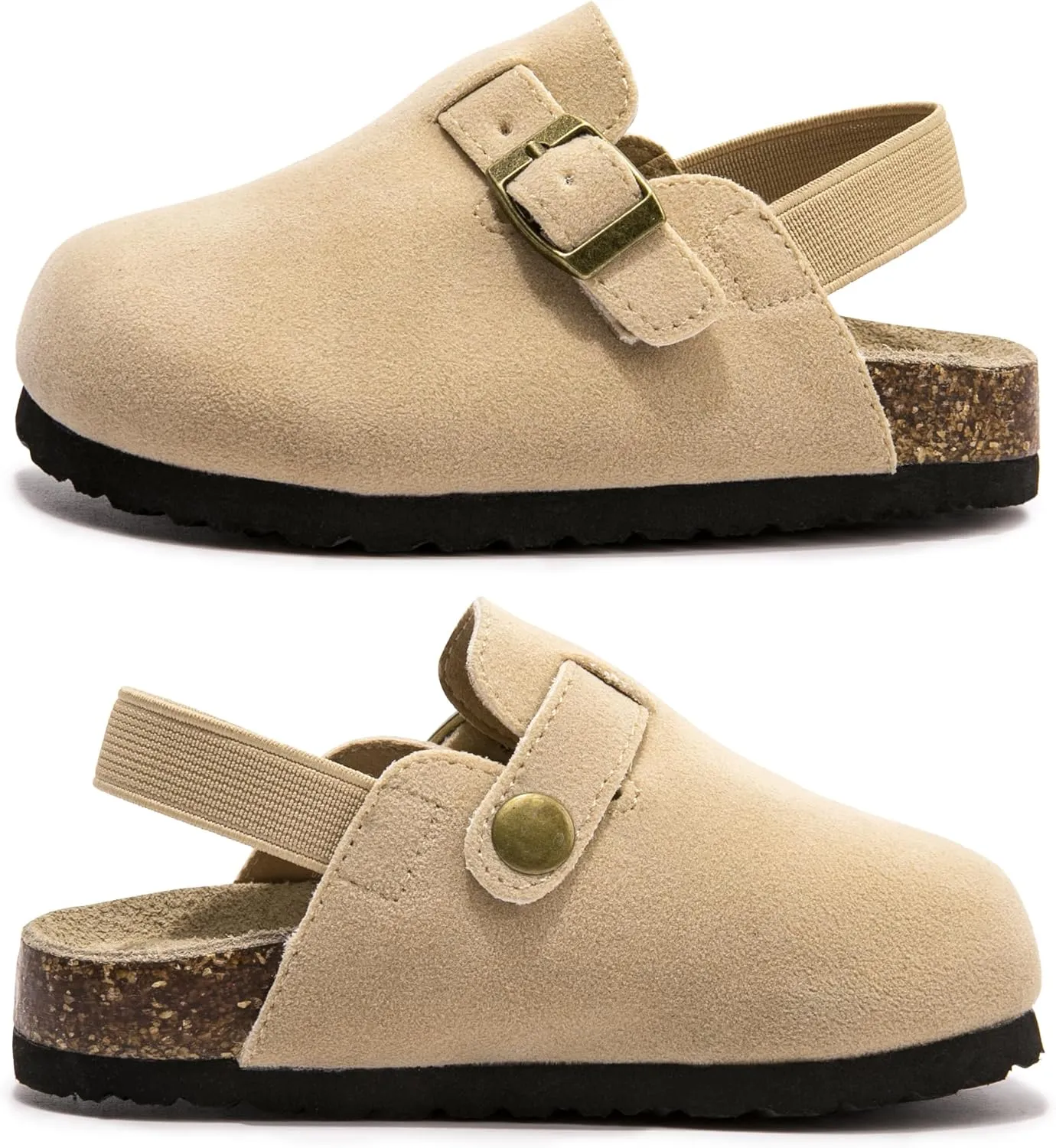 Soft Suede Kids Clogs for Toddlers - Adjustable Buckle Slip-On Mules for Boys & Girls, Featuring Cork Footbeds & Leather Details, Stylish & Comfortable Potato Shoes